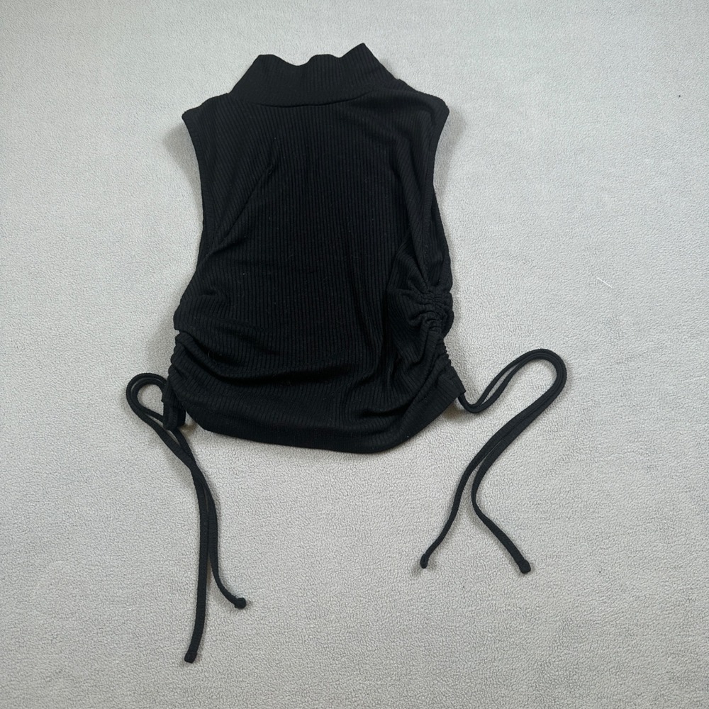 Zara Womens S Black Ribbed Mock Neck Sleeveless Tank Top with Drawstring Sides